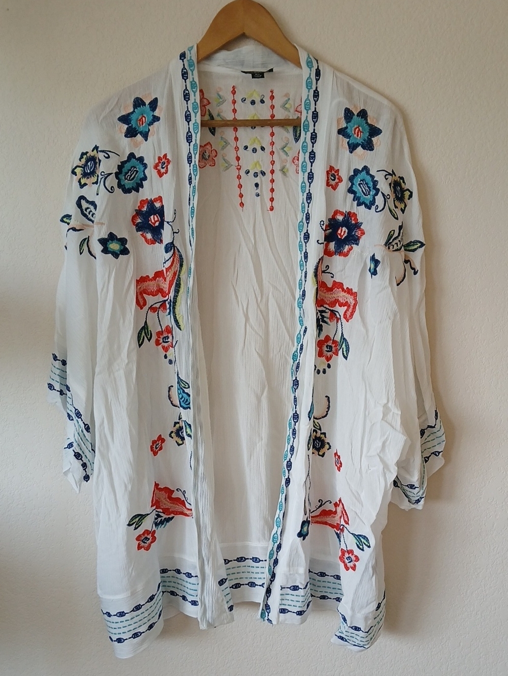 Curation Embroidered Kimono Swim Cover Up White Boho Gauze